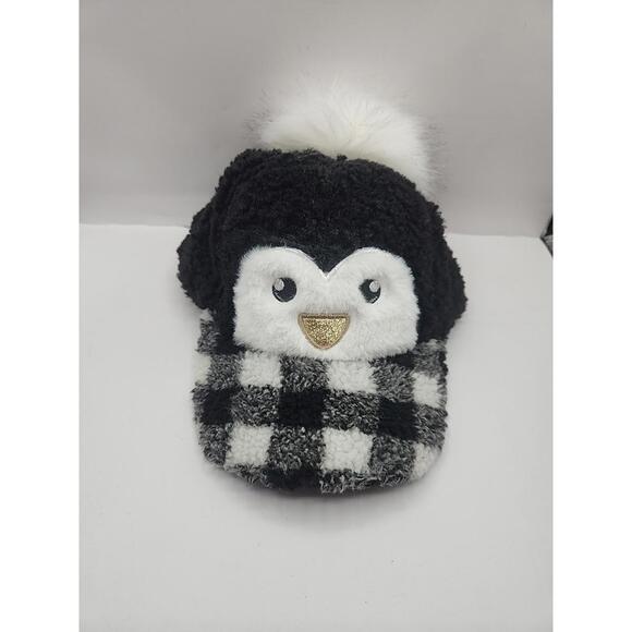 Holiday Time Penguin Sherpa Trucker Hat Black White Plaid Cap - Picture 1 of 5